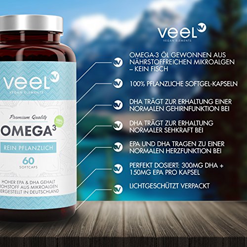 Omega 3 Kapseln Vegan mit Vitamin E – Ohne ekligen Fischgeschmack | Algen-Öl hochdosiert 300 mg EPA & 600 mg DHA |Die pflanzliche Alternative zu Fischöl-Kapseln | VEEL Omega 3 – 60 Soft Caps - 2