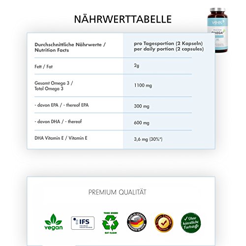 Omega 3 Kapseln Vegan mit Vitamin E – Ohne ekligen Fischgeschmack | Algen-Öl hochdosiert 300 mg EPA & 600 mg DHA |Die pflanzliche Alternative zu Fischöl-Kapseln | VEEL Omega 3 – 60 Soft Caps - 5