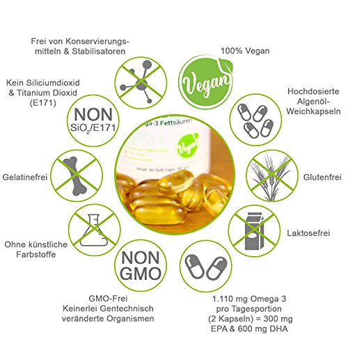 Premium Omega 3 Kapseln VEGAN hochdosiert mit Vitamin E - pflanzliche Alternative zu Fischöl Plantrition OMEGA 3 Algen-Öl mit hochdosiertem EPA & DHA - 60 Soft Caps - 3