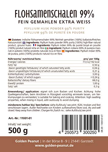 Premium Flohsamenschalen Pulver 99% fein gemahlen, geprüfte Lebensmittelqualität, 500g Beutel - 3